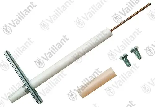 Vaillant Elektrode mit metallischem Kopf und isolierendem Körper, daneben eine kurze Kunststoffhülse und zwei Schrauben zur Befestigung.